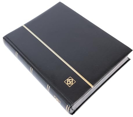LIGHTHOUSE – “PREMIUM” Bonded Leather Cover Stockbook for Stamps - 64 Black Cardstock A4 Pages with Clear Strips and Double Linen Hinges - Black