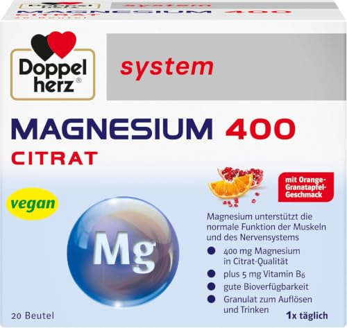 Doppelherz system MAGNESIUM 400 CITRAT - Granulat zum Auflösen und Trinken | Magnesium als Beitrag für die normale Funktion der Muskeln und des Nervensystems – 20 Portionsbeutel