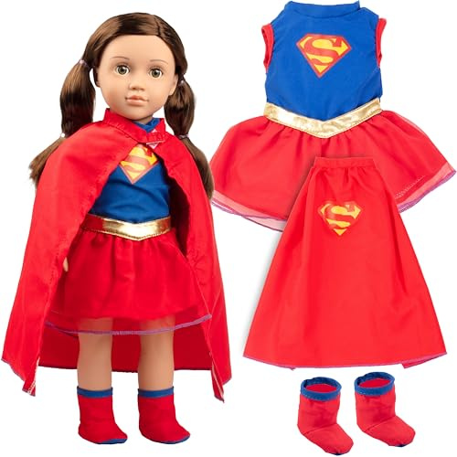 Dress Along Dolly 3pc Super Hero Girl 18 Doll Outfit-Compatible with American Girl- Premium Handmade Clothes & Accessories Set Includes Dress, Shoes, Cape- Movie and Comics Gift