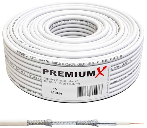 Premium X 15m BASIC Koaxialkabel 135dB 4-fach CCS Kupfer-Stahl Satelliten Koaxkabel Antennenkabel RG6 Digital SAT TV Kabel