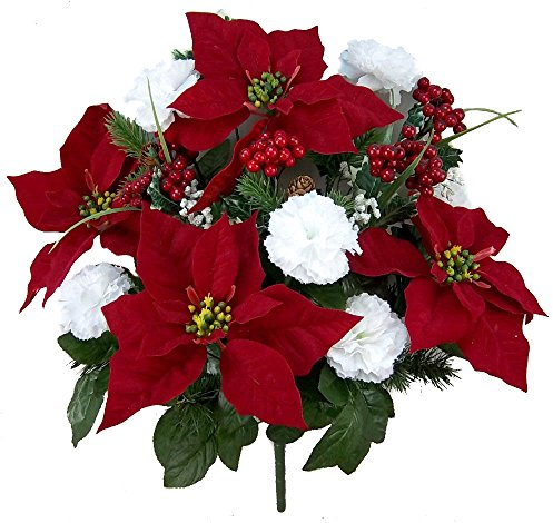 Admired By Nature Bouquet de Poinsettia artificielles de 18 tiges de Poinsettia en Velours synthétique pour décoration d'intérieur, Fleurs d'intérieur, Fleurs de cimetière, Blanc/Rouge