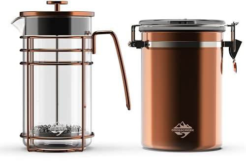 CrossCreek 9917-C001-04 - Juego de café y cafetera de prensa francesa, con recipiente de acero inoxidable, cepillo de limpieza para molinillo de café y cuchara de café
