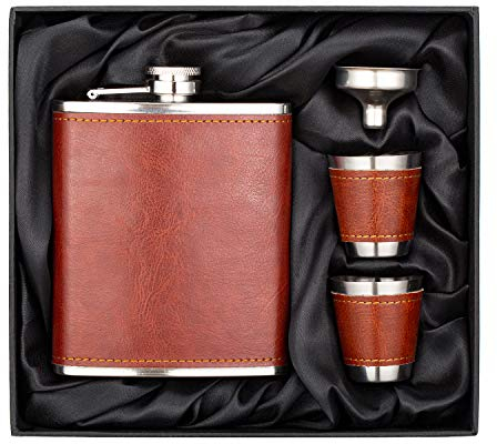 Jinsong hip flask 7 Oz Stainless Steel Hip Flask Gift Set with 2 Cups and Funnel, Brown Leather Cover, 100% Leak Proof, Food Grade Material