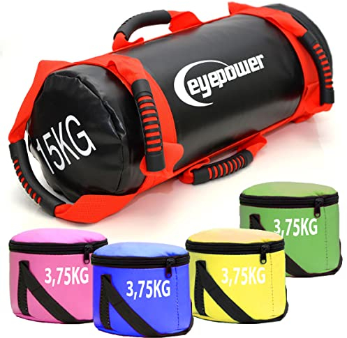 EYEPOWER 15kg Power Bag + 4 Kettlebell Gewichte - Befüllt mit Eisensand - Besser als Geräte: 6 Griffe Fitness Sandbag für Zuhause - 18x50cm Gewichtssack für Home Training - Bauch- und Rückentrainer