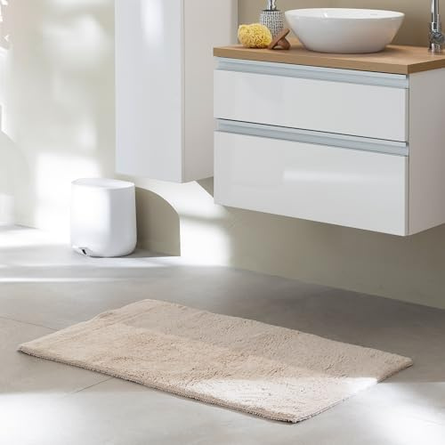 Waschbarer Badezimmerteppich einfarbig - Beige 40 x 60 cm (Rechteckig) | Rutschfester Badteppich Badezimmer Badematte 100% Baumwolle Badvorleger Trockner geeignet Duschvorleger nimmt Nässe auf
