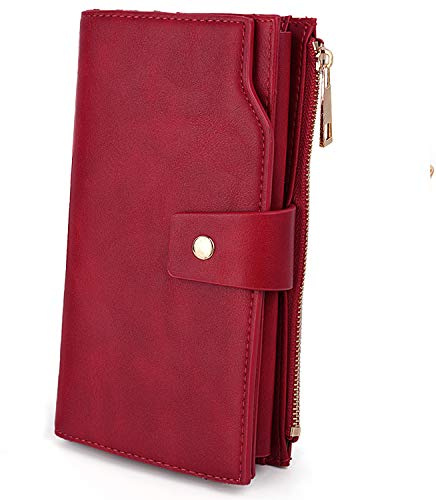 UTO Femme Portefeuille Porte-Cartes Blocage RFID Cuir Synthétique avec Dragonne Grande Capacité(21 emplacements de Cartes) Poche Intérieure Convient aux Portables 5.5'' Rouge