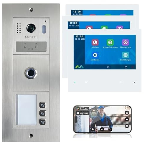 Mathfel 2-Draht-Bus Video-Türsprechanlage – Modulares Komplettsystem mit Innenmonitor(en), WLAN optional, Fingerprint/RFID/Gravur verfügbar (Fingerprint, 3 Klingeltaster (3 x Monitore))