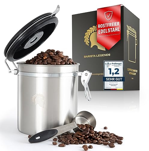 Barista Legends® Kaffeedose luftdicht 500g Silber - Kaffeebohnen Behälter für den Aromaschutz Ihres Kaffees - Vorratsdose aus Edelstahl mit ewigem Kalender.