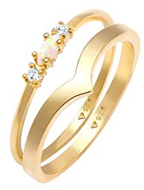 Elli Ring Damen Set Marquise V-Form Basic mit Synthetischem Opal und Zirkonia Kristallen in 925 Sterling Silber