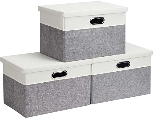Febzoce Aufbewahrungsbox mit Deckel Extra Groß Faltbarer Stoff Aufbewahrungswürfel Korb Mülleimer Organizer Hellgrau/Weiß, Extra Groß, 44 x 31 x 29 cm, 3 Stück