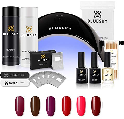 Bluesky Gel Nail Polish Starter Kit with Professional 24W Uv Led Lamp, Top & Base Coat, 6 Colours, Red, Purple, Pink, Brown, Cleanser & Acetone Remover, Wipes, Foil Wraps, Cuticle Oil, File& Buffer