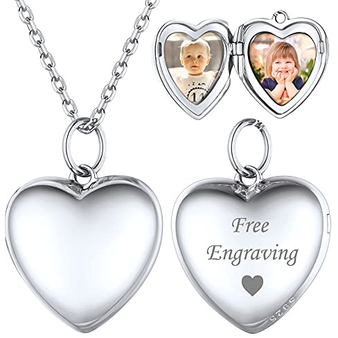 ChicSilver Damen Mädchen Medaillon Anhänger für 2 Foto 925 Silber Personalisierter Herz Fotoanhänger Runde Oval Bilder Amulett mit Ihr Wunschgravur für Paar Pärchen Geliebte