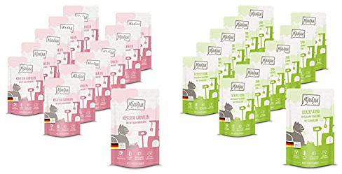 MjAMjAM Quetschie - köstliche Garnelen an saftigem Hühnchen 12x125 g, 1er Pack (1 x 1500 g) & Premium Nassfutter für Katzen - Quetschie - leckeres Rind an gedämpftem Kürbis, 12er Pack (12 x 125 g)