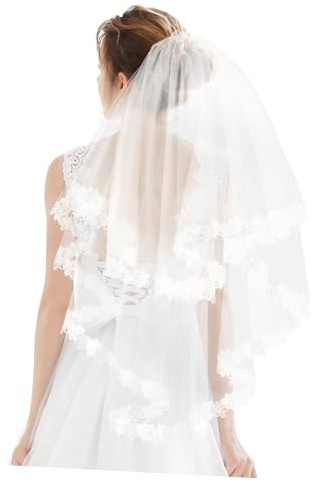 Lurrose Bridal Schleier 2 Tier Hochzeitsschleier Frauen Kurze Fingerspitzen Länge Schleier Spitze Tüll mit Kamm für Braut zu Sein Brautdusche Hochzeit (Weiß,35 Zoll)