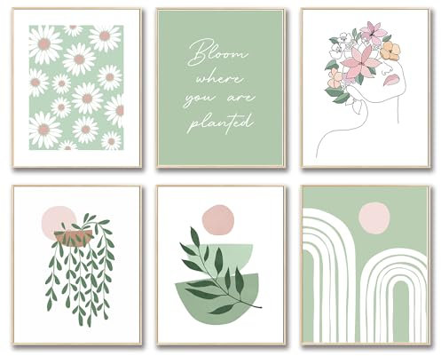 Lot de 6 affiches esthétiques pour décoration de chambre à coucher, vert et rose, décoration murale esthétique pour chambre à coucher, décoration murale mignonne pour chambre d'adolescente