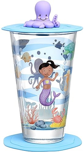 LEONARDO HOME Bambini Avventura Kinderglas mit Deckel und Untersetzer - Trinkglas mit Motiv aus hochwertigem Glas - Größe L, Inhalt 300 ml - 3-teiliges Trinkset mit Motiv Meer, 023675