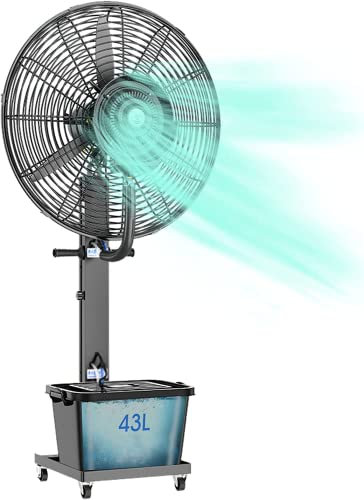 Locuetyn Pedestal Misting Fan, Industrial Metal Standing Fan with Mist, 3 Speeds Adjustable, 60° Oscillating, 43L Large Capacity Tank, Outdoor Backyards Cooling Fan