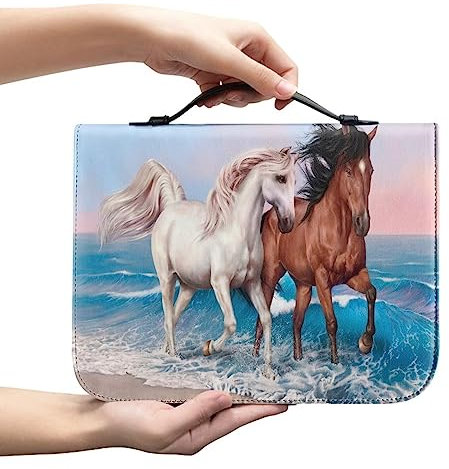 COEQINE Pferd Bibelhülle Leder Chuch Bibelhülle mit Reißverschluss Bleistiftfach Meer Strand für Frauen Weibliche Mädchen 16 x 23,4 cm