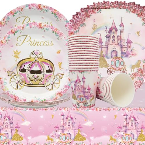 Doyomtoy Prinzessin Partygeschirr,Rosa Schloss Party Geschirr Set Prinzessin Schloss Cartoon-Geschirr-Set Enthält Teller,Tassen,Servietten,Tischdecken für Mädchen Prinzessin Geburtstag 61 Stück