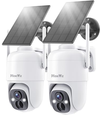 MaxiViz 2K Solar Camera Security Outdoor, 100% Wire-Free Security Cameras Wireless Outdoor with Solar Panel, 360° Panoramic View, Color Night Vision, AI Motion Detection, IP66 Weatherproof, 2 Pack