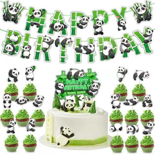 Boerni Panda Birthday Party Decoration - Panda Bear & Bamboo Theme Happy Birthday Banner, Cupcake Toppers, Cake Decoration, Photo Booth Props - White, Black, Green - 18 Count