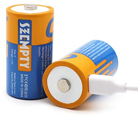 SZEMPTY Lot de 2 batteries au lithium rechargeables 1,5 V C, USB-C Li-Ion C 5000 mWh (3300 mAh), avec câble de charge 2 en 1 de type C, charge rapide en 2,5 heures, plus de 1200 cycles de charge