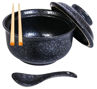 Ceraozmus Ceramic Ramen Bowl Set, 800ml with Lid, Spoon and Chopsticks, Japanese Vintage Large Soup Bowls Instant Noodle Bowl Asian Tableware (Schwarz*1)