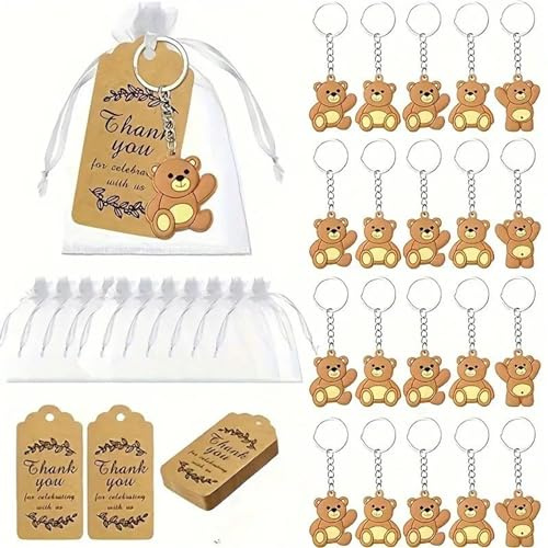 Lidzopas 18 PCS Mini Schlüsselanhänger, Niedlicher Bär Schlüsselanhänger Tierschlüsselanhänger der Karikatur mit Dankeschön, Organza-Beutel für Dusche, Geburtstag