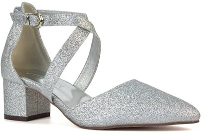 ESSEX GLAM Womens Strappy Ankle Strap Court Shoes Ladies Silver Glitter Low Heel Pointed Closed Toe Pumps Size 5