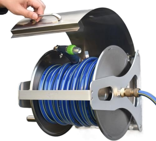 kaileFURN Heavy Duty Stainless Steel Garden Hose Reel Holder - Wall Mounted Metal Water Hose Organizer With Crank Handle And Dust-Proof Lid - Garden Hose Reel