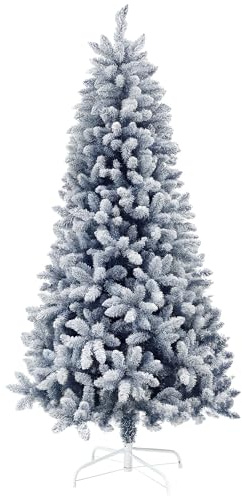HOMCOM Árbol de Navidad Artificial Flocado de 6 pies con 700 Puntas heladas de Nieve, Soporte de Metal, árbol de Navidad con bisagras Nevadas, Azul