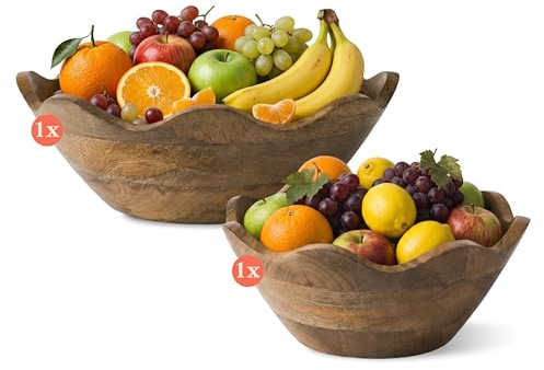 Mela Artisans Cuenco festoneado de madera – Juego de 2 grandes y medianos | Acabado de grano natural de madera de mango | Se adapta a pan, frutas, ensalada o palomitas de maíz | 12 x 4 x 12 pulgadas,