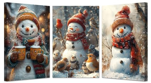 WQBQKKX Gelb, weiß 3 Stück Weihnachts Leinwandbilder, Winterliche Schneelandschaft GemäLde Wandbilder Wohnzimmer Bilder Wanddeko Poster Set-30x45cmx3 Gerahmt