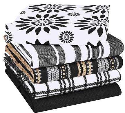 CottonCove Assorted Kitchen Towels Large 40x66 cm 100% Cotton Set of 5 - Soft Absorbent Washable Tea Towels for Kitchen - Dish Cloths with Hanging Loop - Quick Drying Dish Towel Black