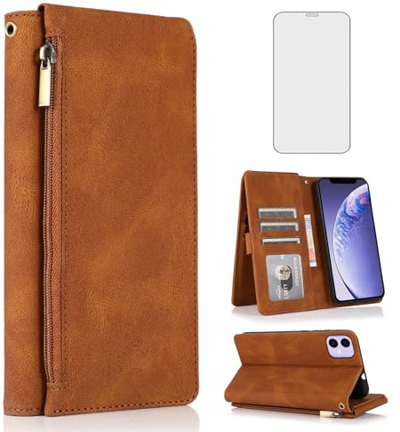 Asuwish Compatible with iPhone 11 6.1 Wallet Case Tempered Glass Screen Protector Zipper Leather Flip Cover Card Holder Stand Cell Phone for iphone11case iPhone11 i Phone11 11s XI 11R Women Men Brown