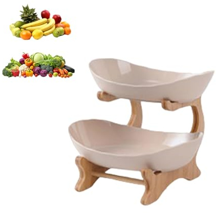 Sightday 2 Etagen Obstkorb,Gemüse Aufbewahrung,Obstschale Etagere Holzregal PP Obstschale,Abnehmbare Schüssel,Stapelbar,Obst Und Gemüse Aufbewahrung,Gemüseregal für Brot,Gemüse,Snacks(Obstkorb Creme)