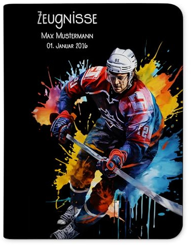 CreaDesign Zeugnismappe A4 mit Namen personalisiert – Eishockey Spieler – für Jungen – Dokumentenmappe Schule ohne Klarsichthüllen