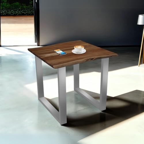 Bett11 Esstisch 80x80 cm nussbaumfarben, Akazienholz massiv 26mm, U-Gestell Silber, Baumkantentisch aus Holz, Casa Massiva