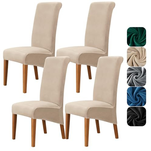 Alishomtll High Back Chair Covers Set of 4, Stretch Velvet XL Dining Chair Slipcovers, Large Size Washable Removable Chair Protector for Dining Room Kitchen Banquet Wedding Party (Khaki, 4psc)