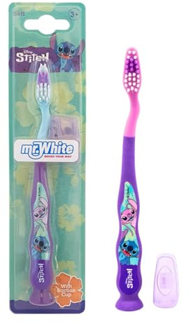 Spazzolino da denti piccoli Disney Stitch per bambini con cappuccio di protezione, setole morbide arrotondate, impugnatura comoda e ventosa per riporre in posizione verticale, per bambini dai 3 anni