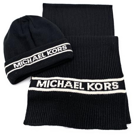 Michael Kors SET I Schal&Mütze I Herren I Winterschal I Beanie I Wollschal I Wintermütze I One Size I Weiche Acrylwolle I Logo I Hat and Scarf Men I SCHWARZ-WEISS