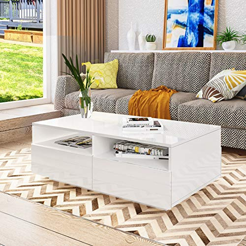 Weiß Glanz Couchtisch für Wohnzimmer, Hölzerner Mitteltisch Teetisch | Rechteckiger Wohnzimmertisch Beistelltisch, 4 Schubladen, Offenem Fach