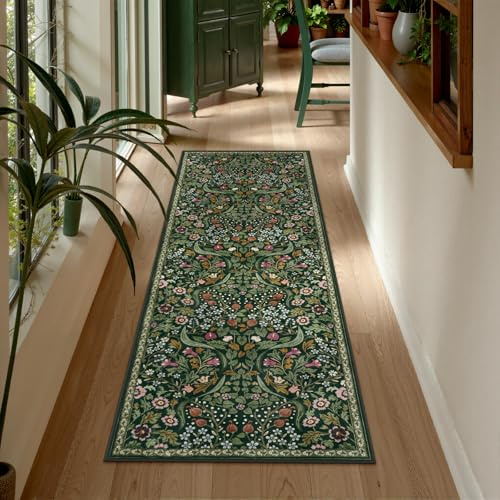 Lahome Cottagecore Floral Runner, 2x6 Botanical Washable Kitchen Runner Rug | Soft Green Vintage Flower Carpet for Hallway, Entryway, Laundry Room