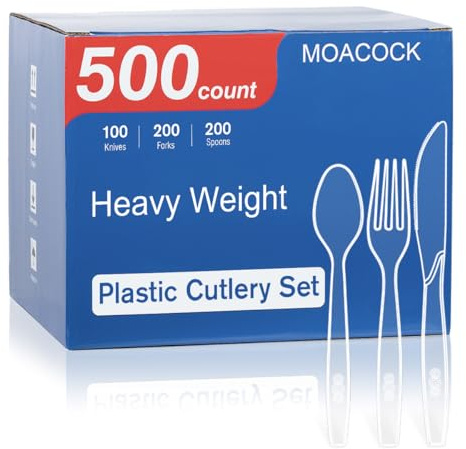 MOACOCK 500 Count Extra Heavy Duty Plastic Silverware, 200 Forks, 200 Spoons, 100 Knives, Disposable Plastic Cutlery Set for Parties, Picnics, Big Event, Daily Use