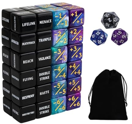 52pcs MTG Dice, Keywords Life +1/-1 Counters Commander Buff Tokens with D6 & D20 Dice MTG TCG & Card Game Accessories, Magic the Gathering, Magic at the Gathering Gice with Storage Bag