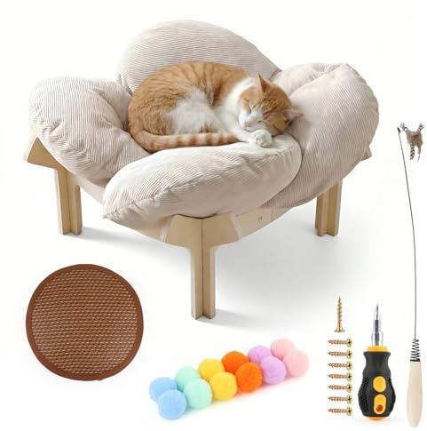 Littlegaofeithing Cuccia per Gatti a Forma di Fiore, Letto Rialzato in Legno alla Moda, con Coprimaterasso Rimovibile e Lavabile, per Gatti 54×31×12 cm
