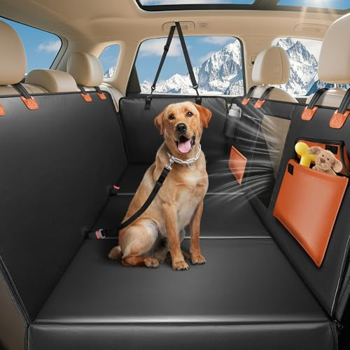 MellowMates 137x64cm Hundedecke für Auto, wasserdicht, PU-Leder, Orange | Erweiterte PU-Leder Auflage mit Seitenschutz und Sichtfenster, die wasserdicht und kratzfest. Geeignet für SUVs.