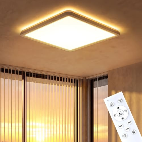 LuminexDesigns Dimmbar LED Deckenleuchte mit Fernbedienung – 24W Deckenlampe Eckig 30cm mit 1800K Warmweiß Hintergrundlicht – Timer & Memory Wasserdicht für Schlafzimmer Wohnzimmer Küche Bad KARO CL00