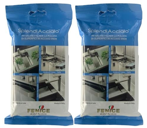 2X Salviette per la Pulizia di Superfici in Acciaio Inox, Confezione Richiudibile da 20 Salviette Monouso