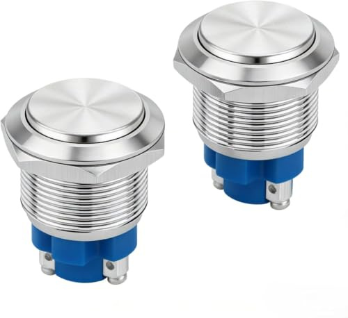 2Stk Wasserdichter Metall Drucktaster,16mm/19mm Momentaner/Selbstsichernder | IP65/IP67 Momentaner/Selbstsichernder 2A/3A 12V-250V AC/DC, Vorverdrahtet für Auto Hupe/PC Netzteil/Industrie/DIY Projekte